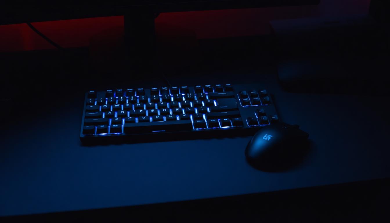 Backlit keyboard and mouse glowing blue in the dark